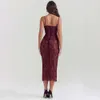 Vrouwen lente 2024 nieuwe modeontwerper sexy lange mouwen brokaat schouderkap slim fit hoge taille sling avondjurk
