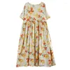 Party Dresses X2042 Summer Large Size Dress For Women Retro Short Sleeve Yellow Flowers Print Pullovers Loose Long