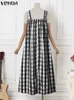 Casual Jurken VONDA Bohemian Ruches Gedrukt Zonnejurk 2024 Zomer Plaid Maxi Jurk Vrouwen Sexy Spaghettibandjes Strand Losse Lange Vestido