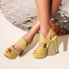 Sandaler Summer Roman Style Fashion Shiny Leather Fish Mouth High Heeled Women's Sandals Open Toe Party Women's Shoes High 12cm Size3443