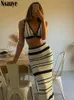 Nsauye Sexy Club Party Women Knitted Y2K Striped Casual Summer Beach Holiday Mini Bikini Crop Tops Skirt Long Two Piece Set 2024 240315