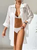 Robes décontractées Chemise blanche Maillot de bain Cover Up Sarong 2024 Beachwear Manches longues Col rabattu Tunique ample Pareo de Plage Beach Ups