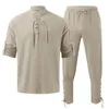 Men's Tracksuits Casual Blouse Cotton Linen Shirt Pants Suit Long Sleeve 2-Piece Set Autumn Slanted Placket Vintage Shirts 2024