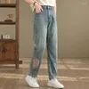 Jeans da donna Primavera Stile cinese Moda retrò ricamato 2024 Pantaloni alla caviglia larghi lavati a vita alta