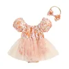 Flickklänningar Baby Girls Rompers Dress Flower Print Short Sleeve Mesh Tulle kjol Hem Spädbarnsavtal Sommarkläder med pannband