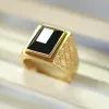 Exquis hommes plaqué or grand incrusté de Zircon noir 14k bague en or jaune hommes à la mode décontracté bijoux d'affaires cadeau d'anniversaire