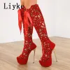 Boots Liyke 16CM Ultra Thin High Heels Sexy Nightclub Hollow Out Over The Knee Boots Women Peep Toe LaceUp Zip Platform Shoes Sandals