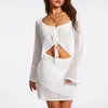 Robes de travail pour femmes, ensemble deux pièces tricoté, jupes, ajouré, évasé, manches longues, t-shirts à nouer, taille haute, tenues de plage, été