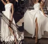 한 어깨 단순 새틴 긴 예배당 열차를 가진 신부를위한 라인 웨딩 드레스 Boho Garden Bridal Gowns Sexy Split Side Sleeveless Modern Robes de Mariee