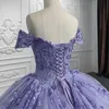 Robe princesse Quinceanera en Tulle violet à paillettes, épaules dénudées, dentelle florale appliquée, à lacets, robe de bal, 15 verde