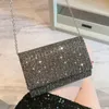 Drawstring 2024 Black Silver Rhinestone Envelope Bag For Women Banquet Party Fashion Clutches Small Handbags With Chain Shoulder