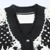 Women's Knits 2024 Autumn/Spring Sweater Hollow Hook Flower V-Neck Long Sleeve Loose Black And White Short Knitted Top