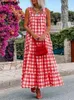 Casual Jurken VONDA Bohemian Ruches Gedrukt Zonnejurk 2024 Zomer Plaid Maxi Jurk Vrouwen Sexy Spaghettibandjes Strand Losse Lange Vestido