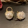 Beautiful diamond flower pearl fashion designer earrings for women girls shiny diamond crystal stud clip on earrings jewelry