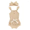 Ensembles de vêtements Born Baby Girl Tenues d'été Couleur unie côtelée sans manches barboteuse body top et short à volants bandeau ensemble 3 pièces