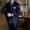 Chic Pinstripe Navy Blue Men Suits 2 Piece Set High Quality Formal Double Breasted Lapel Suit Slim Fit Smart Casual Tuxedo 240311