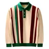Printemps Automne Tricot Polo Hommes Casual Col Rabattu Bouton Mode Couleur Rayure Slim Tops Glace Soie Slim Fit T-shirts 240313