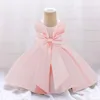 Robes de fille Enfant en bas âge Satin Filles Robe Blanc Parti Plissé Grand Arc 1er Anniversaire Princesse Pour Baptême Bal De Mariage Enfants Vêtements