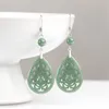 Dingle örhängen 925 Silver Natural Green Jadeite Carved Hollow Flower Drop Lucky Earring Certificate Luxury Jade Bridal Party Jewelry