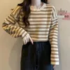 Kadın Tişörtleri Çizgili T-shirt Temel Üstler Bahar Sonbahar Moda Renk Kontrast Gevşek O-Beeck Uzun Kollu Örgü Sweater