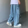 Jeans masculinos homens de pernas retas retro solto ajuste denim calças com vários bolsos para perna larga carga streetwear