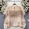 Kvinnors blusar Spring Chic Perspective Tassel Chiffon Shirt Autumn O-Neck Puff Long-Sleeved Zipper Black White Blue 8 Colors Tops