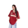 American Retro Red Vneck Short Sleeved Tshirt for Women with Summer Print Niche Design Lazy and Loose Fitting Slimming Tops 240318