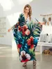 Retro Flowers Print Kaftan Long Dress For Women 2024 Summer Batwing Sleeve House Robe Causal Loose Maxi Dresses Q1636 240320