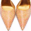 Sapatos de vestido Laranja Stiletto Strass Bombas Mulheres Pontilhadas Toe Clear Mule Saltos Grande Tamanho Personalizado