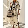 Casual Dresses Retro Geometric Print Linen Dress for Women 2024 Spring Autumn Asian Style V-Hal Half Sleeve Belt Boho Elegant Vestidos