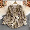 Women's Blouses Summer Women Sexy Chiffon Shirt Fashion Snake Skin Print V-neck Two Piece Top Set Chic Bronzing Blouse With Sash Blusas