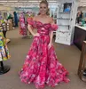 Rosette tryckt Chiffon Prom Dress 2K24 Center Keyhole Pink Rose Floral Long Winter Spring Formal Evening Cocktail Gala Party Pretty Pageant Runway Gown Kjol