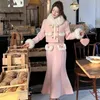 Robes de travail OL jupes ensembles féminins élégants manteaux chauds en fausse fourrure hauts avec sirène 2 pièces costumes Vintage Style coréen 2024 hiver
