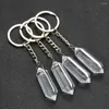 Keychains 1pc Natural Quartz Crystal Stone Hexagonal Point Pendant Keyring Bag Charm Car Key Chain Holder smycken Tillbehör