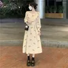 Casual Kleider Frauen Puff Langarm Kleid Oansatz Cord Blumendruck Süße Japanische Stil Retro Stilvolle Ulzzang Einfache Alle-spiel