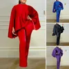 Women's Two Piece Pants 2Pcs/Set Women Faux Satin Outfit O-Neck Batwing Long Sleeve Tops High Waist Set Solid Color Elastic Trousers