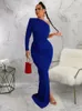 Casual Dresses Kexu One Long Sleeve Ruched Side High Split Maxi Sexig Night Dress Asymmetical Women Party Prom Vestidos de Verano Mujer
