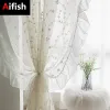 Cortinas brancas puras bordadas flores tule cortinas francesas elegantes design plissado linho respirável cortinas de janela para salas de estar