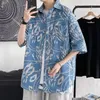 Camisas casuais masculinas verão turn down colarinho impressão meia manga camisa homme solto cardigan topo masculino tendência moda blusa roupas