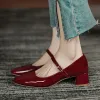 Pumps Plus Size 41 Women Mary Jane Shoes Square Toe Pumps Patent Leather Dress Shoes Ol Office Ladies Shoes Mid Heels Wine red 9874N