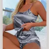 Damen-Pama-Set, 2-teilig, sexy Herz-Print, Nachtwäsche, Pyjama, Seidensatin-Top und Shorts, Nachtwäsche, Anzüge, ärmellose Unterwäsche-Oberteile