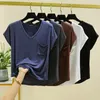 Damen-T-Shirts, übergroßes Kurzarm-Bottom-Shirt für den Sommer, V-Ausschnitt-T-Shirts mit Tasche, lockeres Modal-Baumwoll-T-Shirt