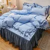 3/4 pièces literie linge de lit 2 chambres Bluey housse de couette taies d'oreiller dentelle couleur unie luxe King Size ensemble de draps couvre-lit 240314