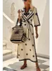 Casual Dresses Retro Geometric Print Linen Dress For Women 2024 Spring Autumn Asian Style V-neck Half Sleeve Belt Boho Elegant Vestidos