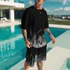 Men's Tracksuits Summer Short Sleeved Shorts T-shirt Set With 3D Printed Flame Pattern Casual Fashionable Sweatshirt