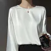 Women's T-Shirt 2024 Spring Loose Womens Shirt Solid Office Womens Top O-neck Long sleeved T-shirt Satin Lantern Cuff Womens Clothing 240322