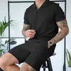 Men's Tracksuits Athletic Outfit Casual Summer Set With V-neck T-shirt Wide Leg Shorts Streetwear Fashion For Men Elastic Waistband