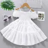 Girl's Dresses 2024 New Summer Girls Dress Style Flower Bud Sleeve Spliced Cake Skirt Childrens 1-8 Year Old Fashion Princess Skirt 24323