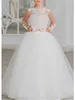 Vestidos da menina mangas compridas vestido de flor para casamento sheer neck applique lantejoulas frisado arcos tule princesa crianças primeira comunhão vestido de baile