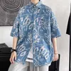 Camisas casuais masculinas verão turn down colarinho impressão meia manga camisa homme solto cardigan topo masculino tendência moda blusa roupas